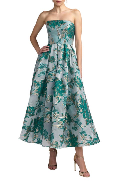 Strapless Brocade Midi Dress with Pockets