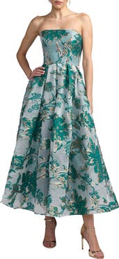 Mac Duggal Strapless Brocade Midi Dress with Pockets