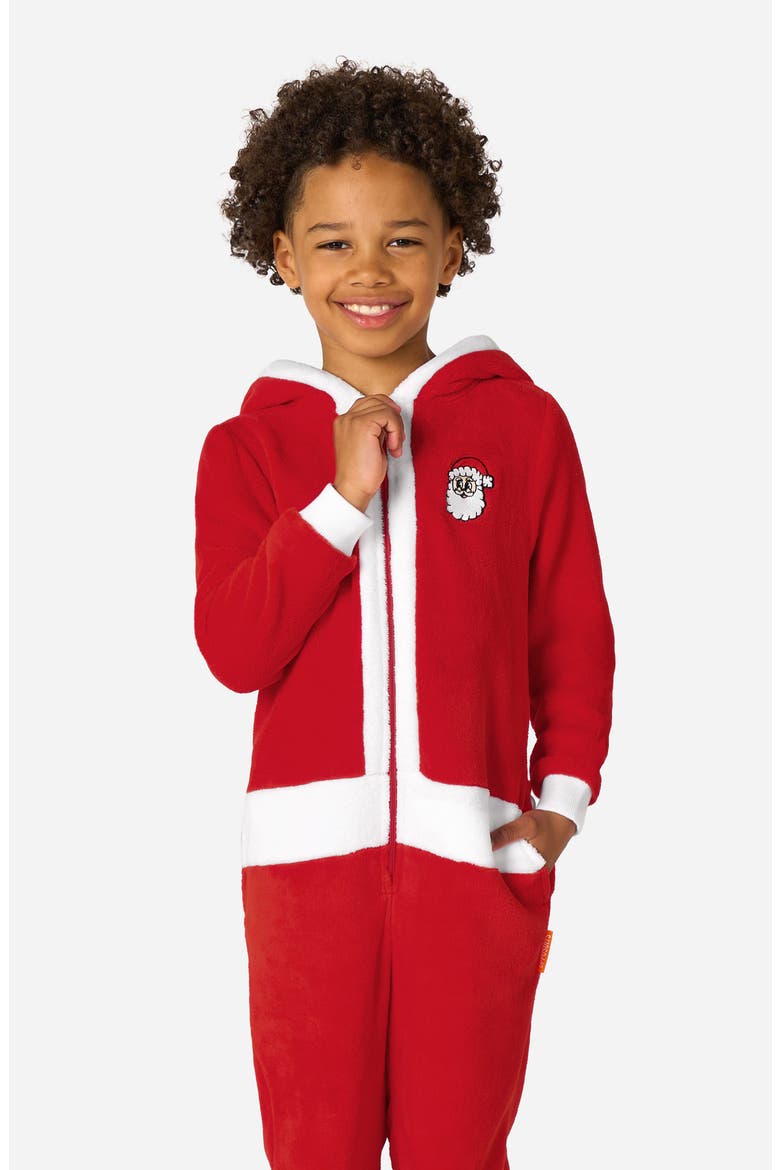 Kids' Merry Jinglejoy Santa Hooded Fleece Jumpsuit, Alternate, color, RED