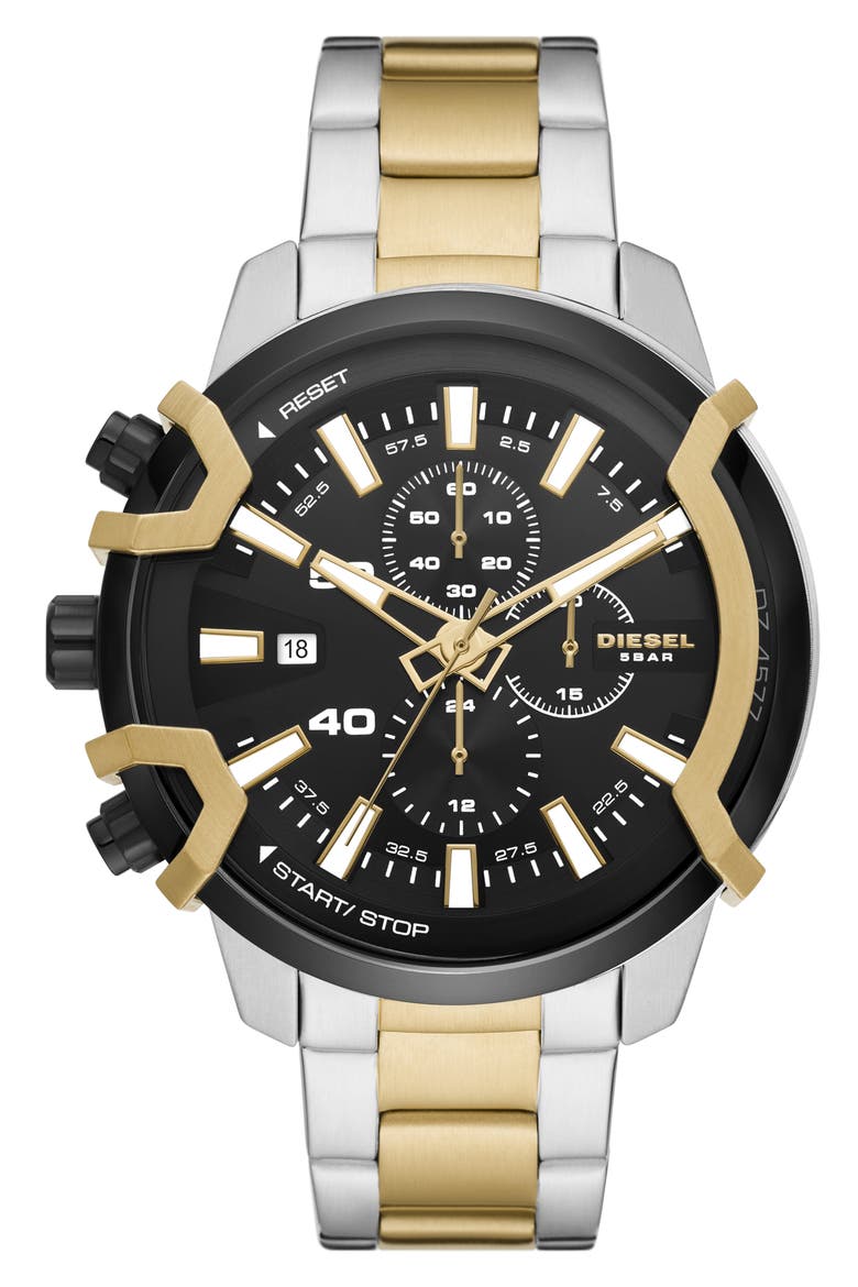 Griffed Chronograph Two Tone Bracelet Watch, 48mm, Main, color, BLACK/GOLD/SILVER
