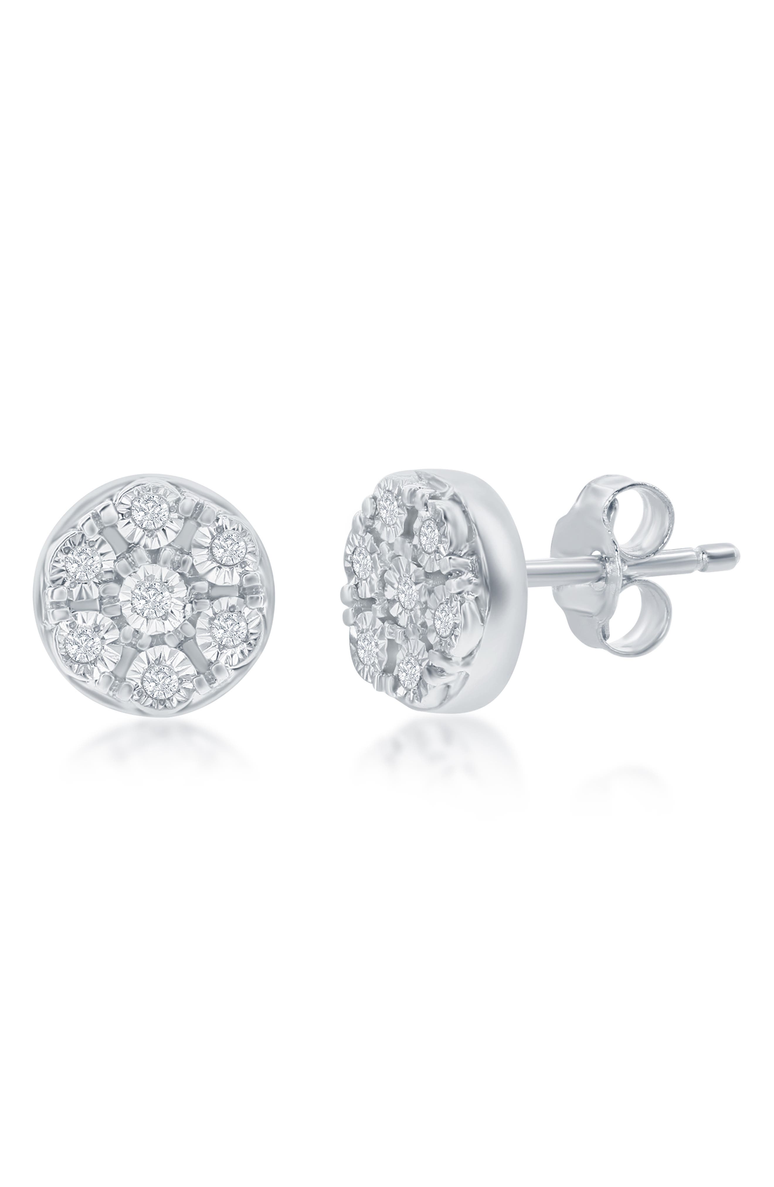 SIMONA Sterling Silver Bright Cut Diamond Cluster Round Stud Earrings - 0.02ct.