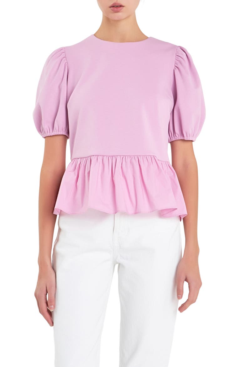 Mixed Media Puff Sleeve Peplum Top, Main, color, LAVENDER