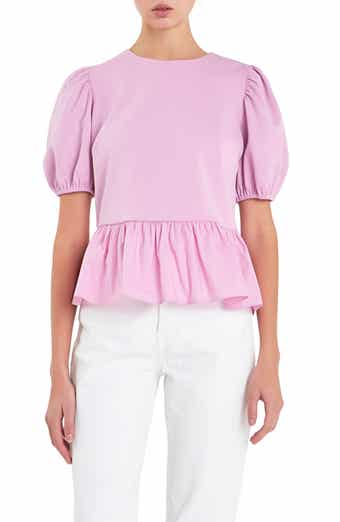 English Factory Mixed Media Puff Sleeve Peplum Top