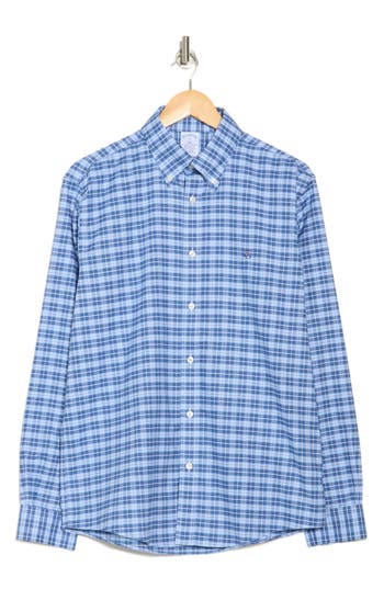 Brooks Brothers Regular Fit Plaid Stretch Button-down Dress Shirt In Navy