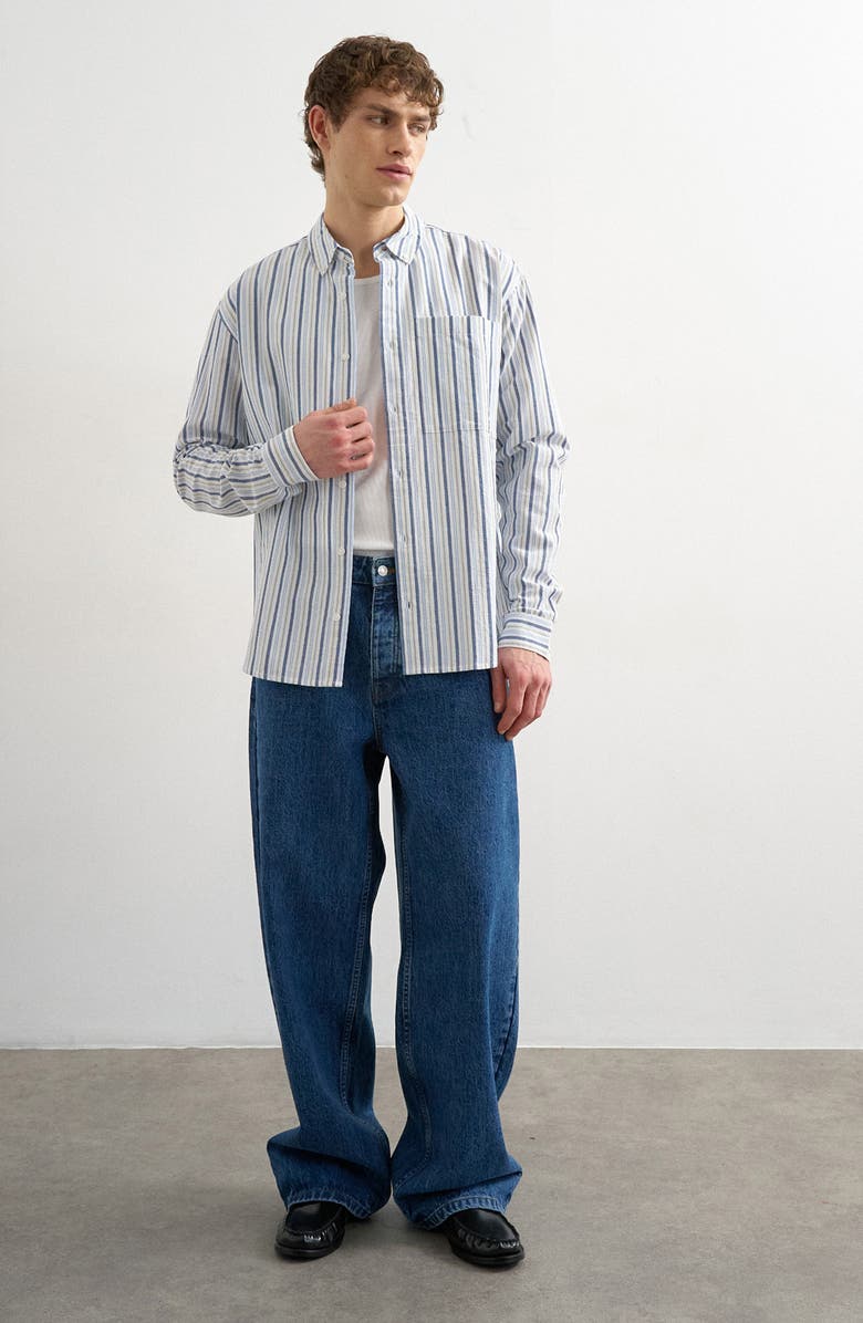 Topman Relaxed Fit Stripe Cotton Button-Down Oxford Shirt, Alternate, color, Blue Multi