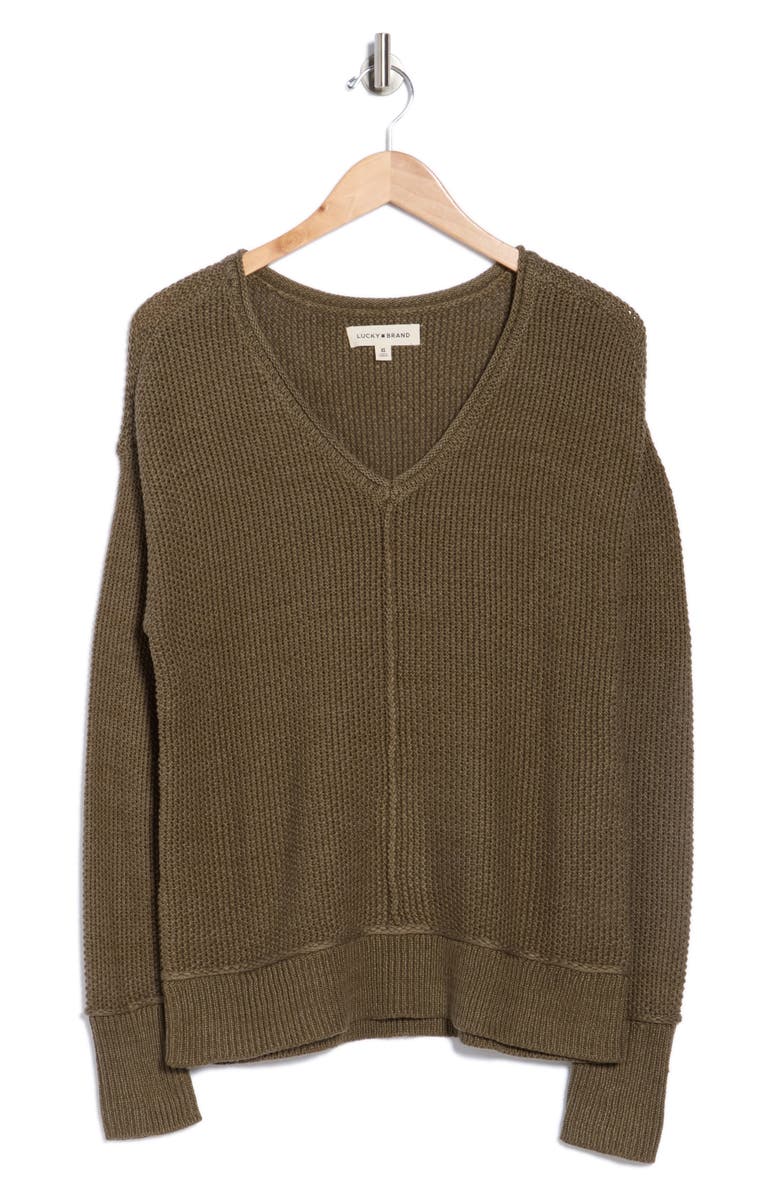 Lucky Brand Textured V-Neck Sweater, Alternate, color, Olive