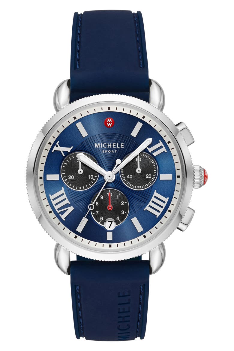 Sporty Sport Sail Chronograph Watch Head with Silicone Strap; 38mm, Main, color, NAVY