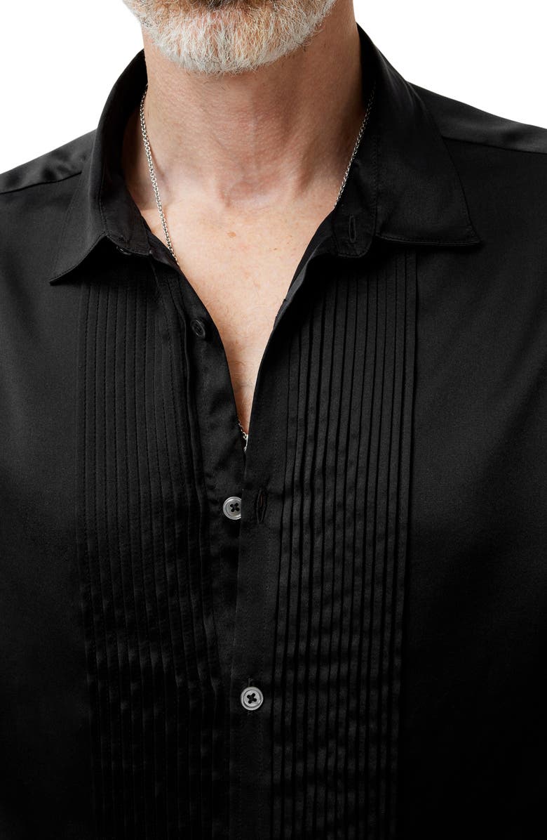 John Varvatos Pleated Front Silk Button-Up Shirt, Alternate, color, Black