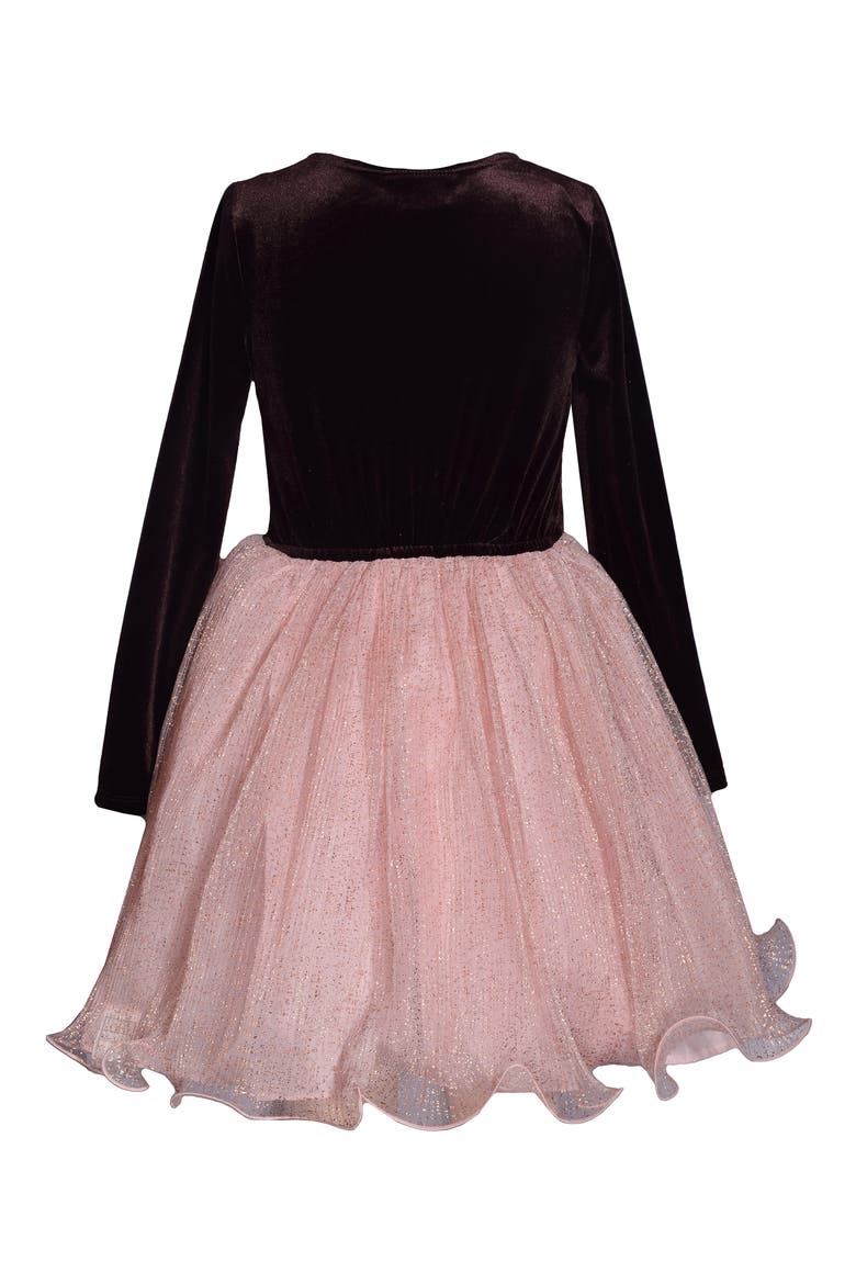 Kids' Long Sleeve Velvet & Mesh Dress, Alternate, color, BROWN
