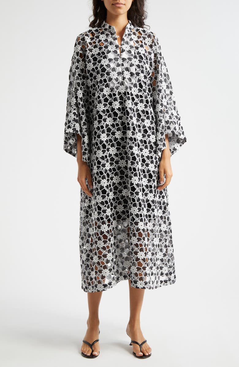 La Vie Style House Cutout Floral Lace Cover-Up Caftan, Main, color, Black White
