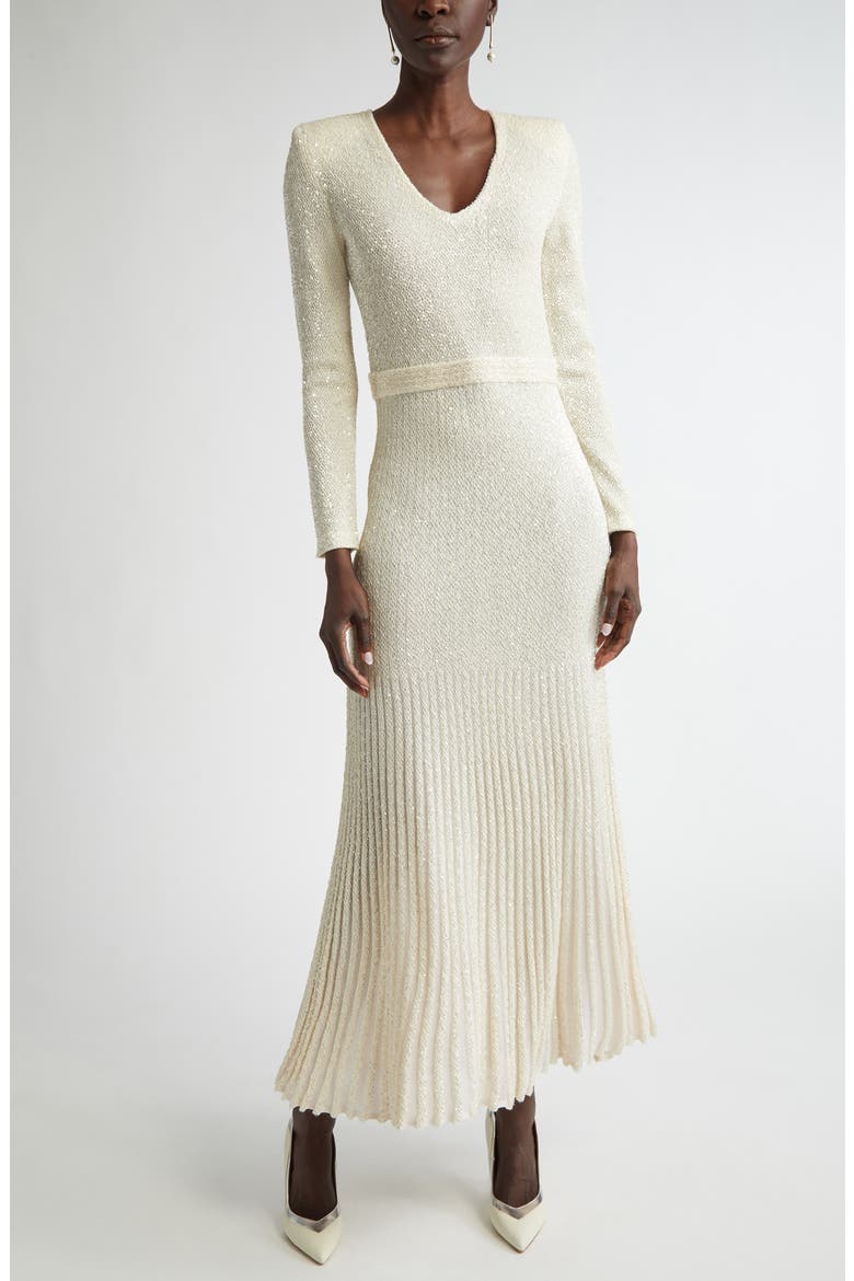 Sequin Embroidered Long Sleeve Knit Dress, Main, color, ECRU/ SILVER