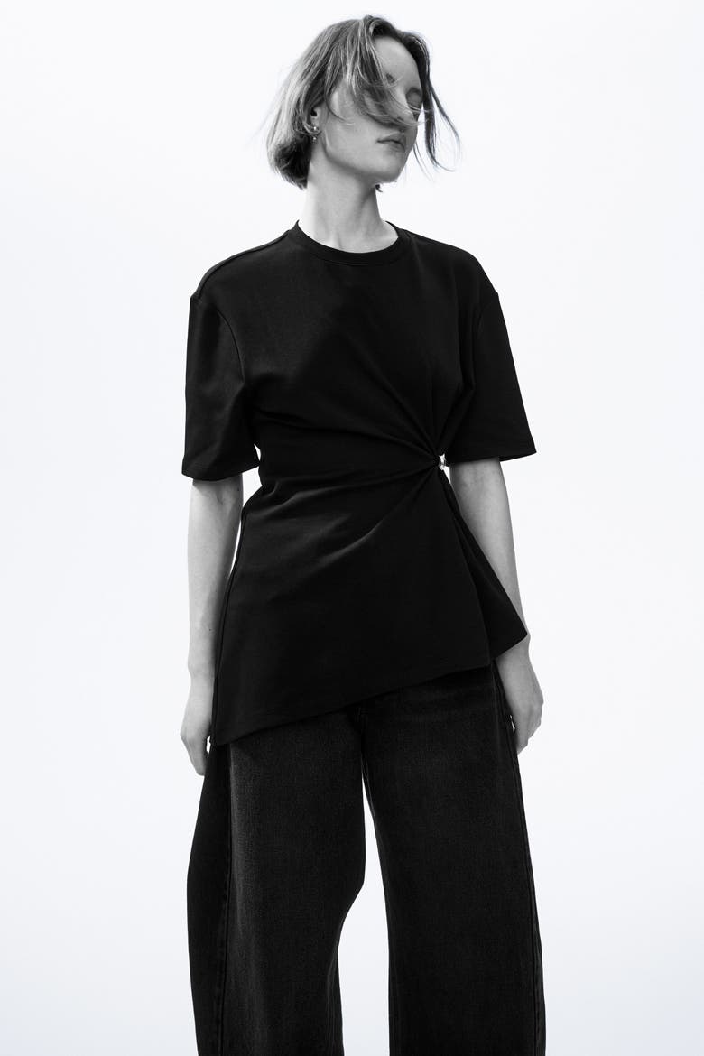 Draped-detail asymmetric top, Alternate, color, Black
