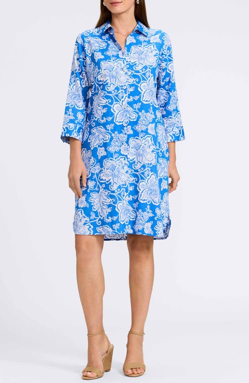 Foxcroft Rocca Floral Print Belted Shirtdress In Cobalt Blue