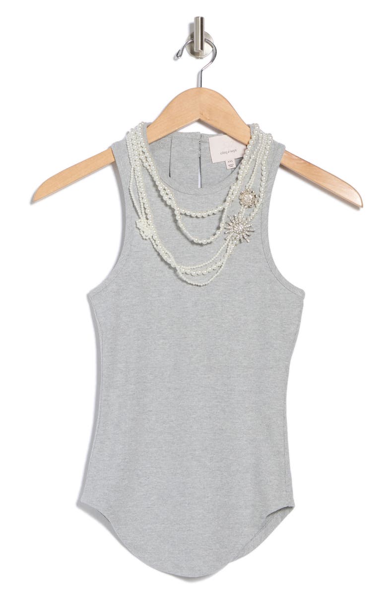 Cinq à Sept Lizzie Faux Pearl Chain Embellished Rib Tank, Main, color, Heather Grey