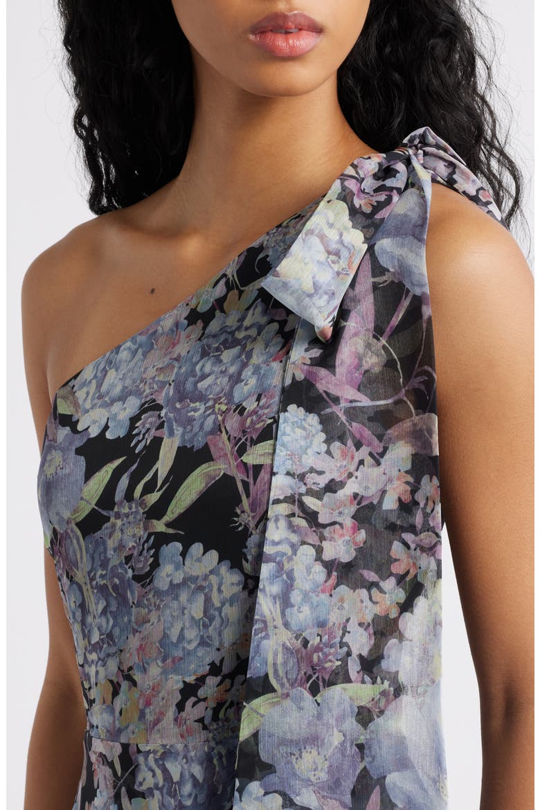 Amara Floral One-Shoulder Gown, Alternate, color, GREY MULTI