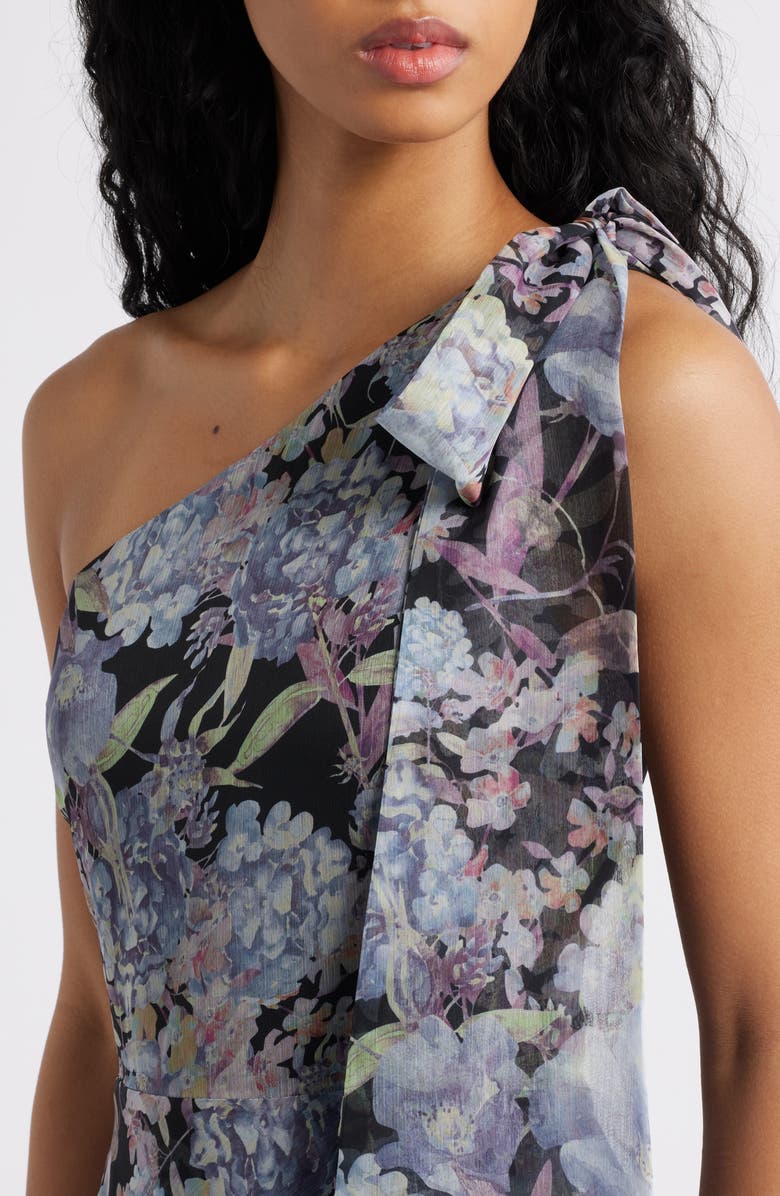 Lulus Amara Floral One-Shoulder Gown, Alternate, color, Grey Multi