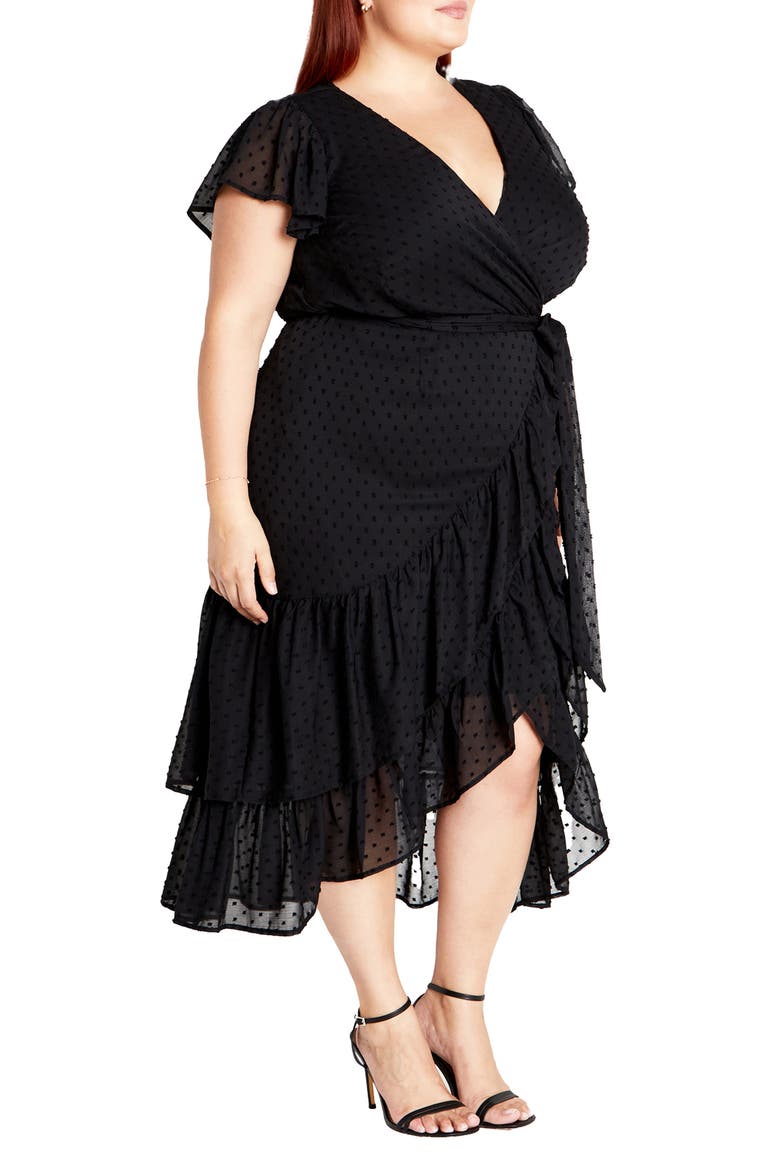 Clip Dot Wrap Front Dress, Alternate, color, BLACK