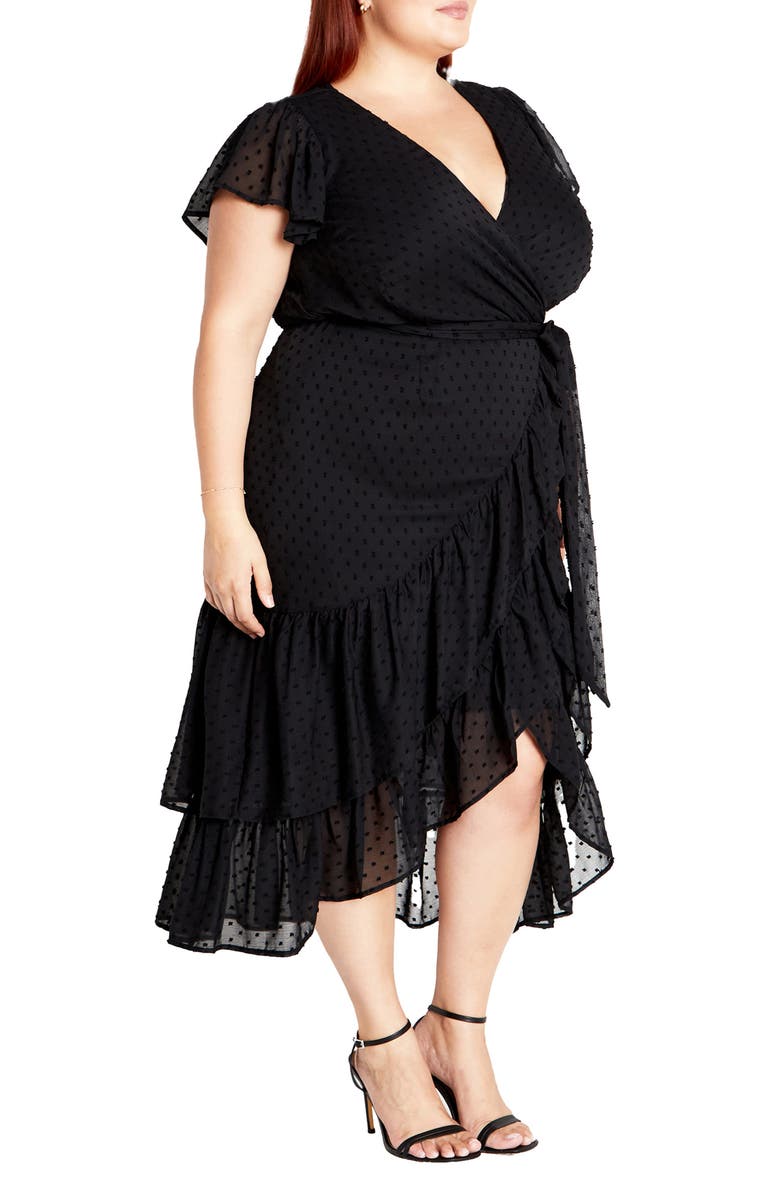 City Chic Clip Dot Wrap Front Dress, Alternate, color, Black