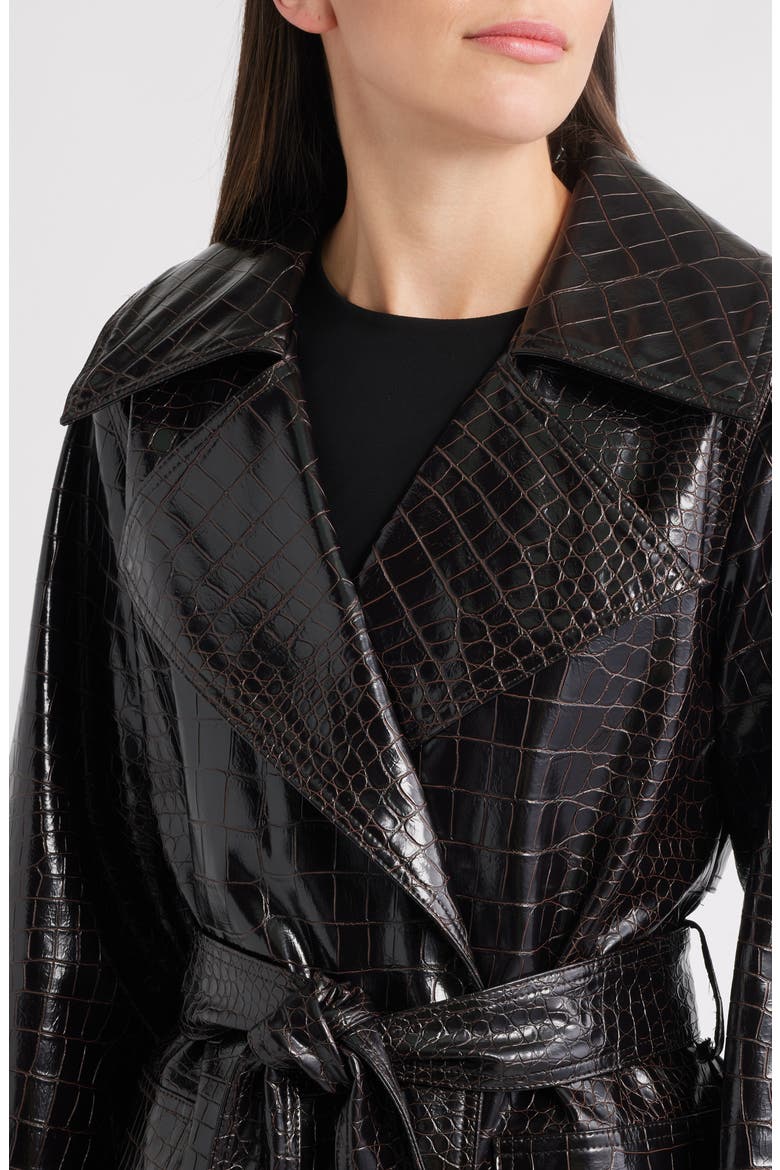 Croc Embossed Faux Leather Trench Coat, Alternate, color, BROWN