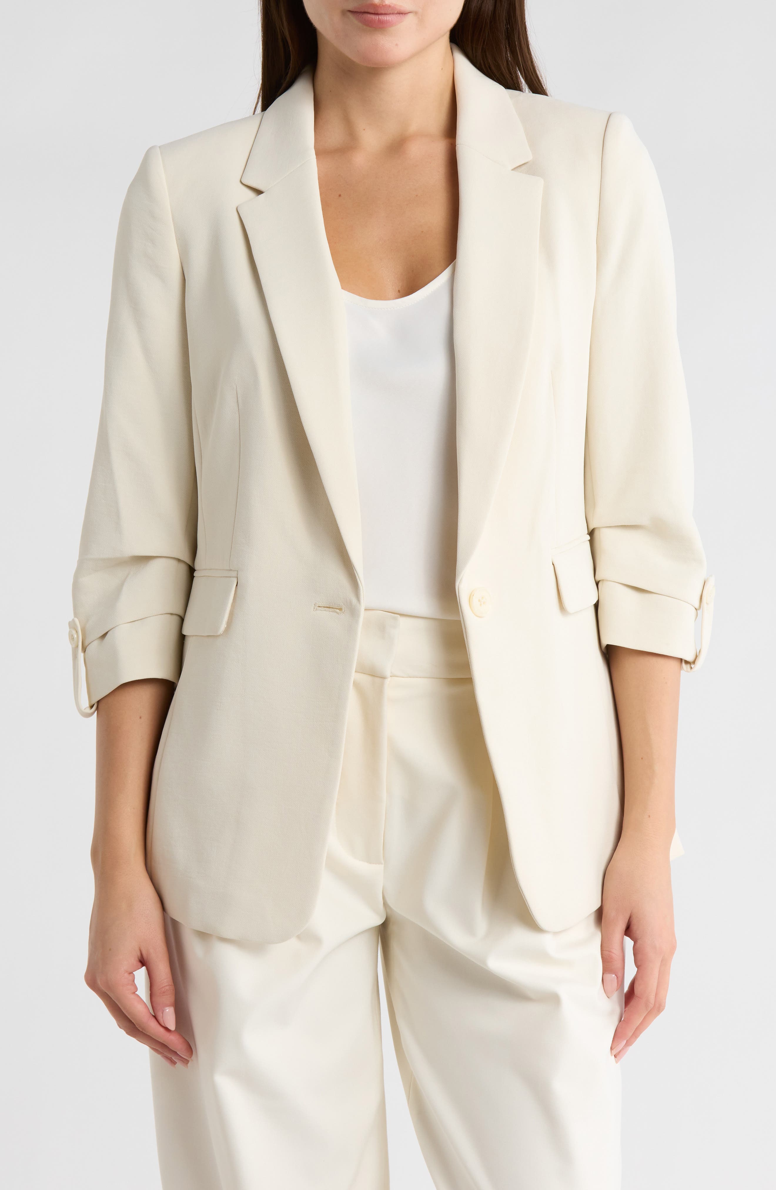 DKNY Aero Ruched Sleeve Crepe Blazer