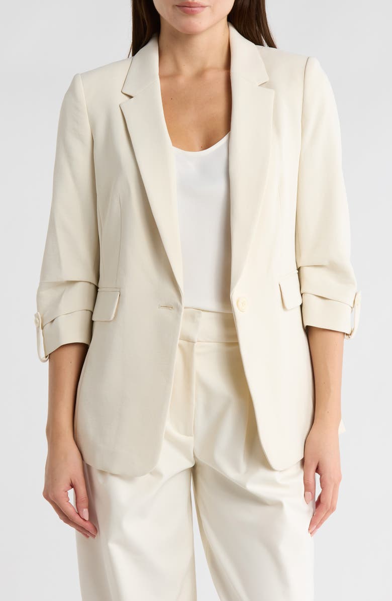DKNY Aero Ruched Sleeve Crepe Blazer, Main, color, Ecru