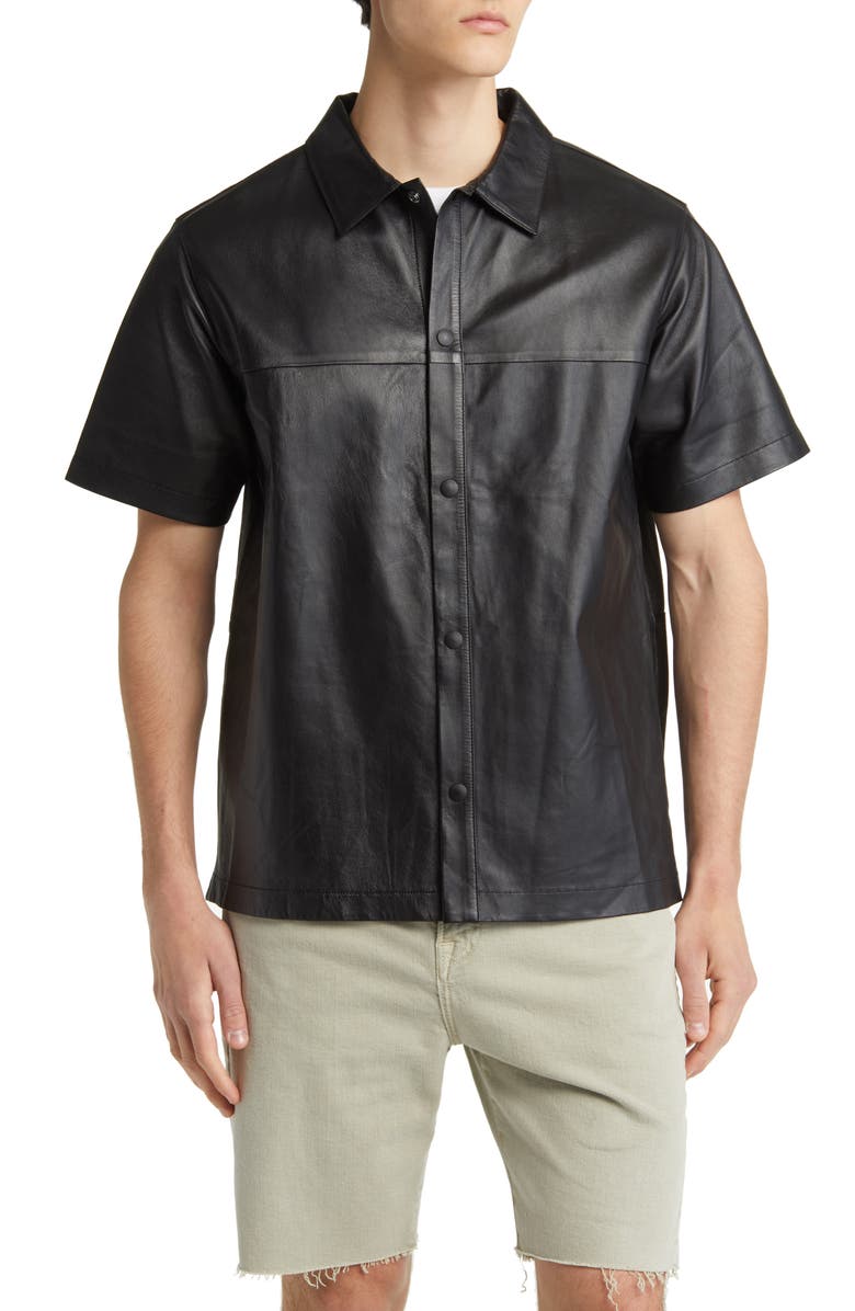 FRAME Short Sleeve Lambskin Leather Snap-Up Shirt, Alternate, color,