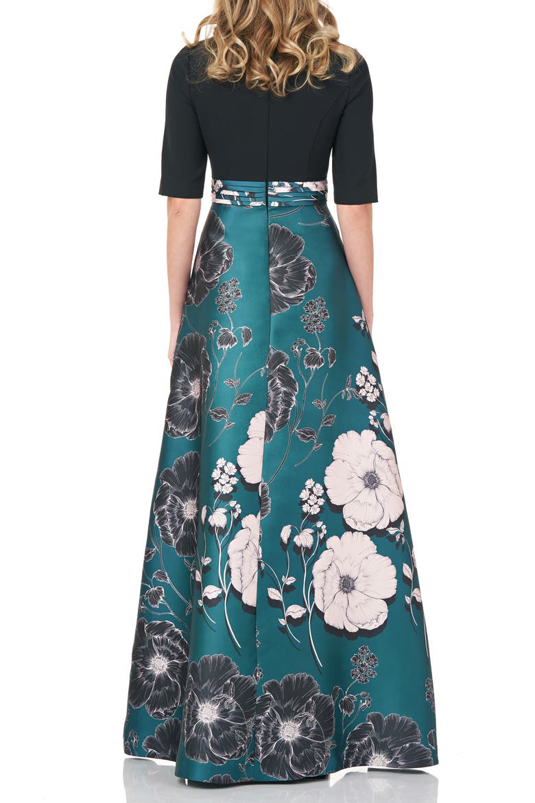 Floral Print Mikado A-Line Gown, Alternate, color, TEAL POPPY FLORAL