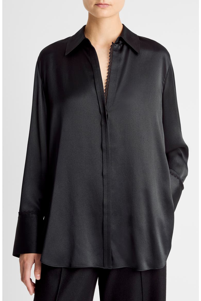 Relaxed Lace Trim Placket Silk Satin Button-Up Shirt, Main, color, BLACK