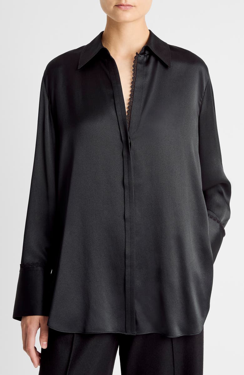 Vince Relaxed Lace Trim Placket Silk Satin Button-Up Shirt, Main, color, Black
