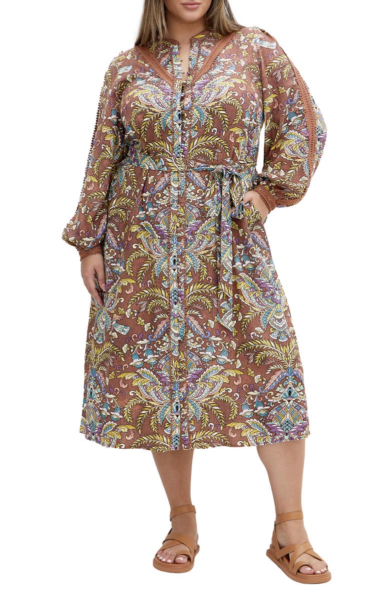 City Chic Sable Long Sleeve Tie Belt Dress, Main, color, Print