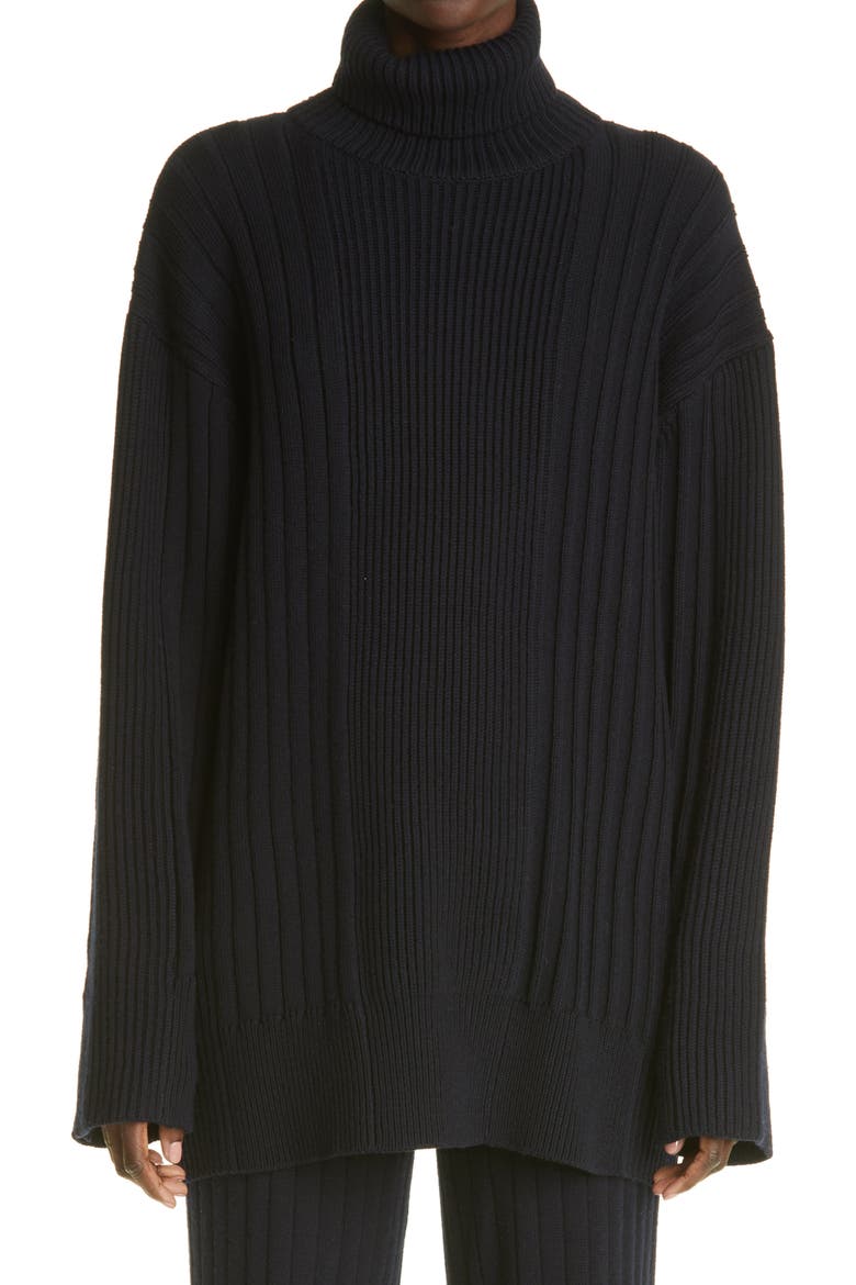 St. John Collection Turtleneck Rib Knit Sweater, Main, color, BLACK