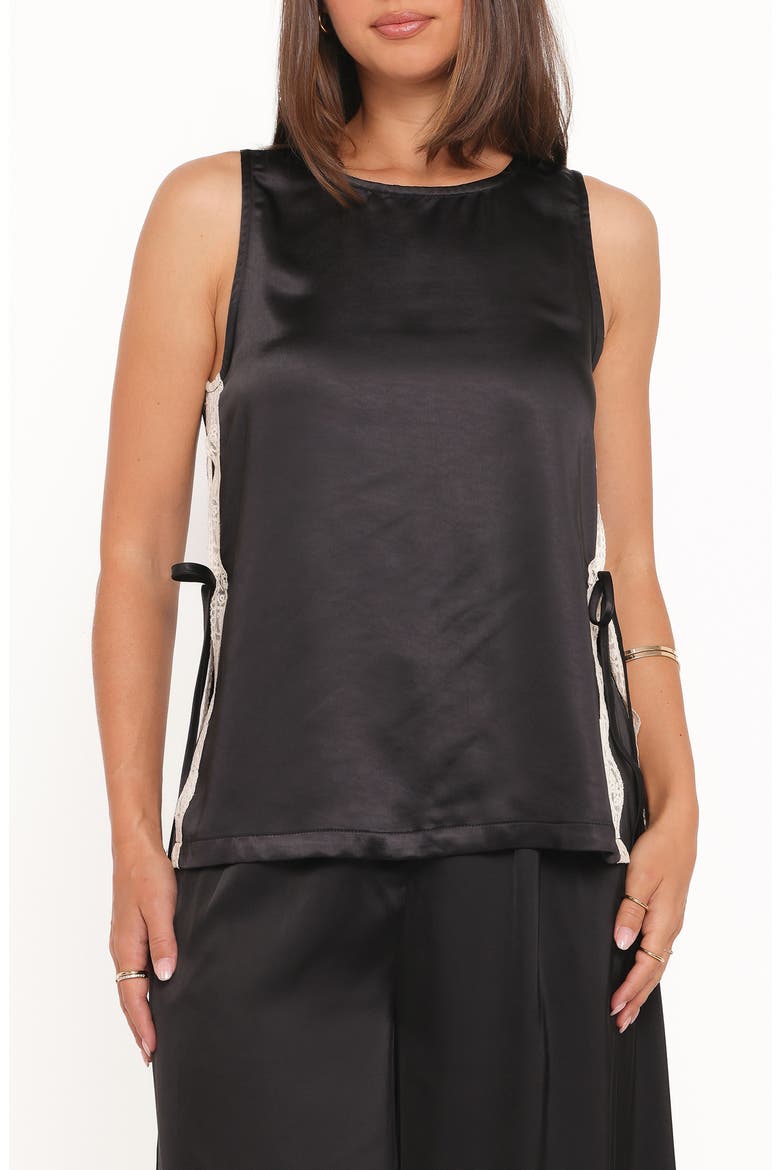 Coleman Side Slit Satin & Lace Top, Main, color, BLACK