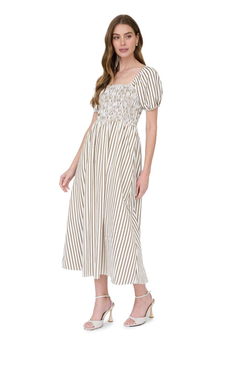 Smocked Midi Dress, Alternate, color, BROWN