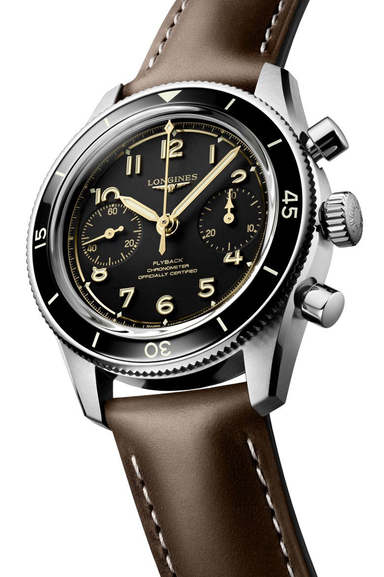 Spirit Pilot Flyback Leather Strap Watch, 39.5mm, Alternate, color, BLACK