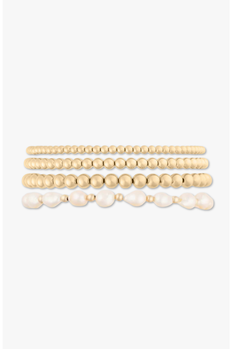 Baroque Pearl and 14k Gold Filled Bead Four Bracelet Stack, Main, color, Gold