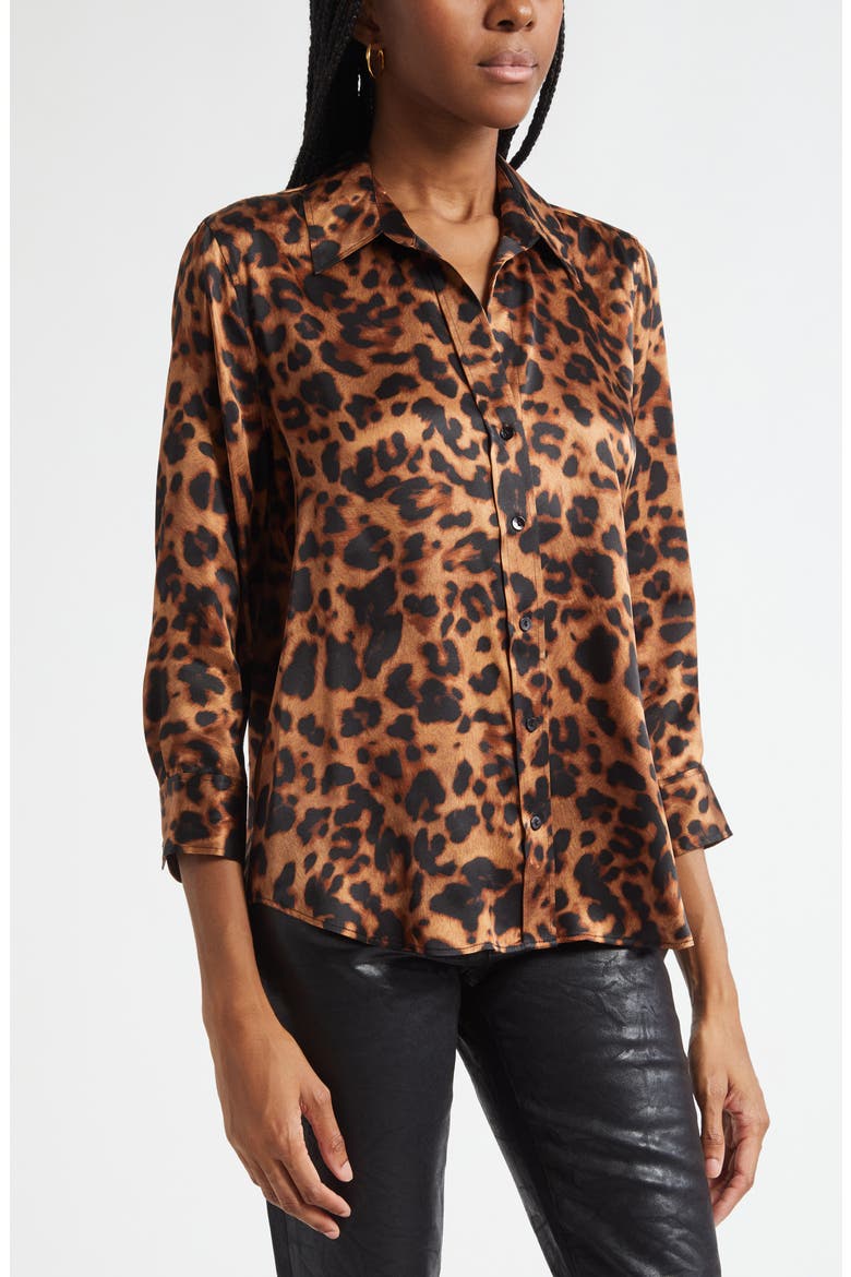 Dani Leopard Print Silk Button-Up Shirt, Alternate, color, BROWN MULTI AMUR LEOPARD
