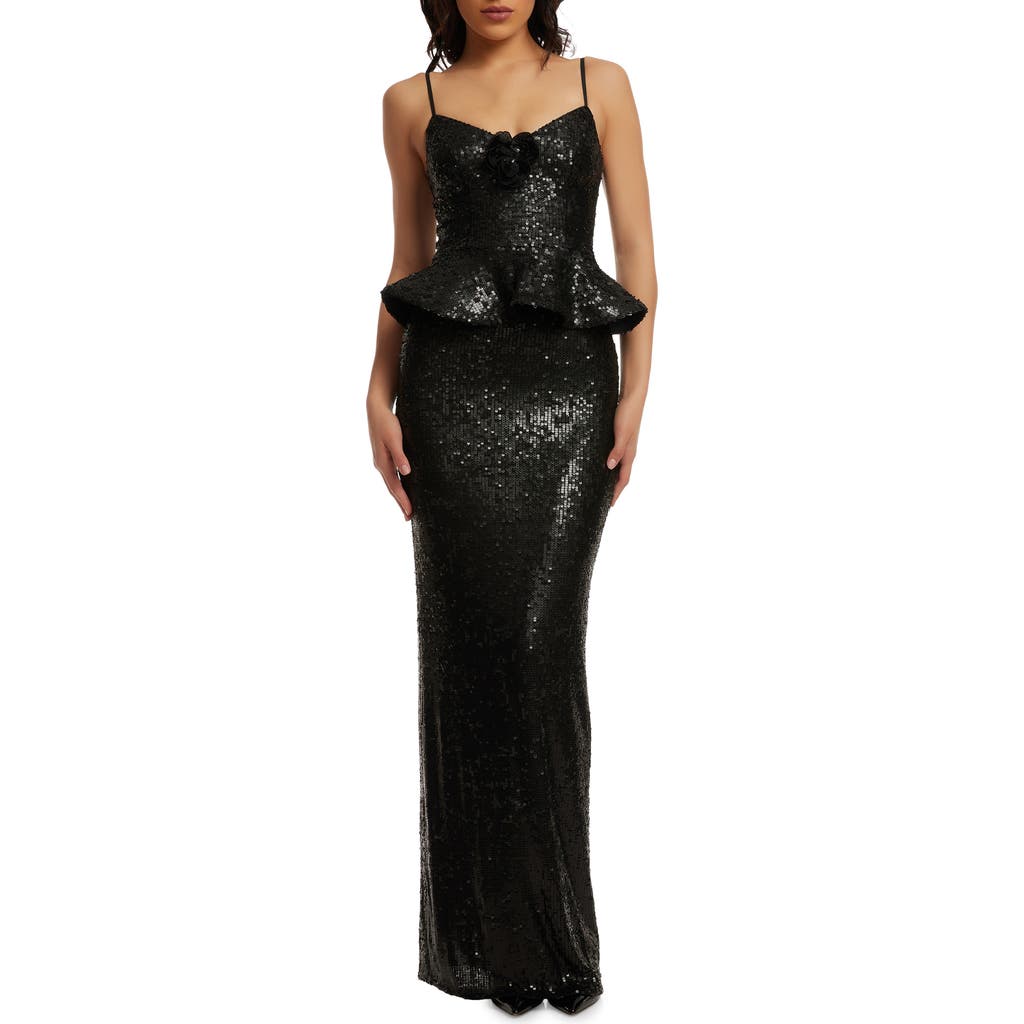 Dress the Population Akiah Sequin Ruffle Column Gown in Black