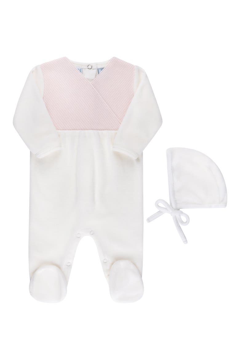 Faux Wrap Cotton Blend Velour Footie & Hat Set, Main, color, IVORY/PINK