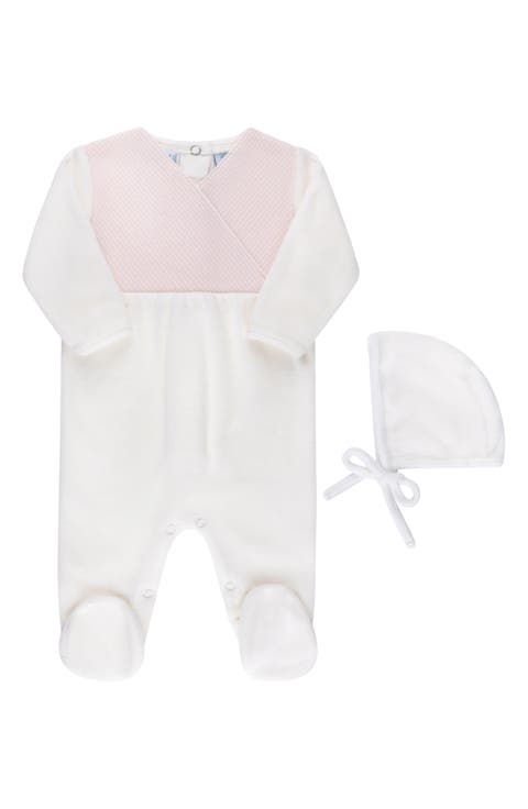 Faux Wrap Cotton Blend Velour Footie & Hat Set (Baby)
