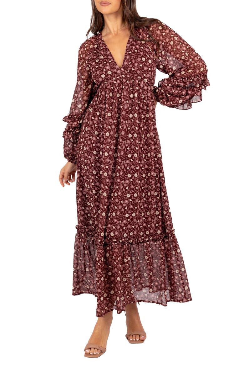 Evian Floral Print Long Sleeve Maxi Dress, Main, color, BURGUNDY MULTI