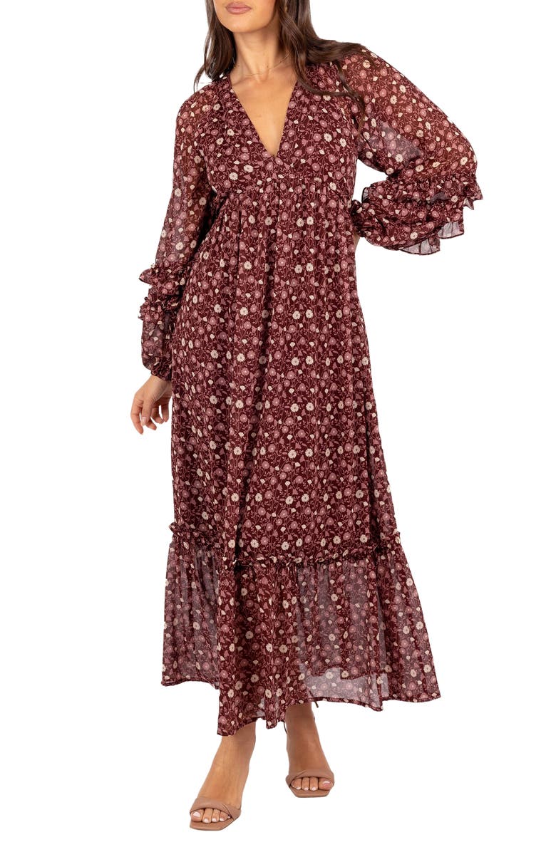 Petal & Pup Evian Floral Print Long Sleeve Maxi Dress, Main, color, Burgundy Multi