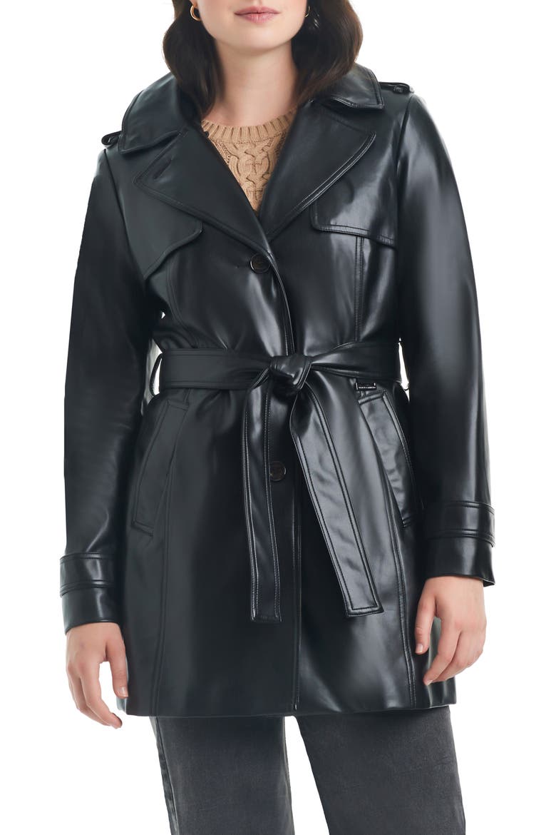 Belted Faux Leather Jacket with Removable Faux Fur Collar, Alternate, color, BLACK