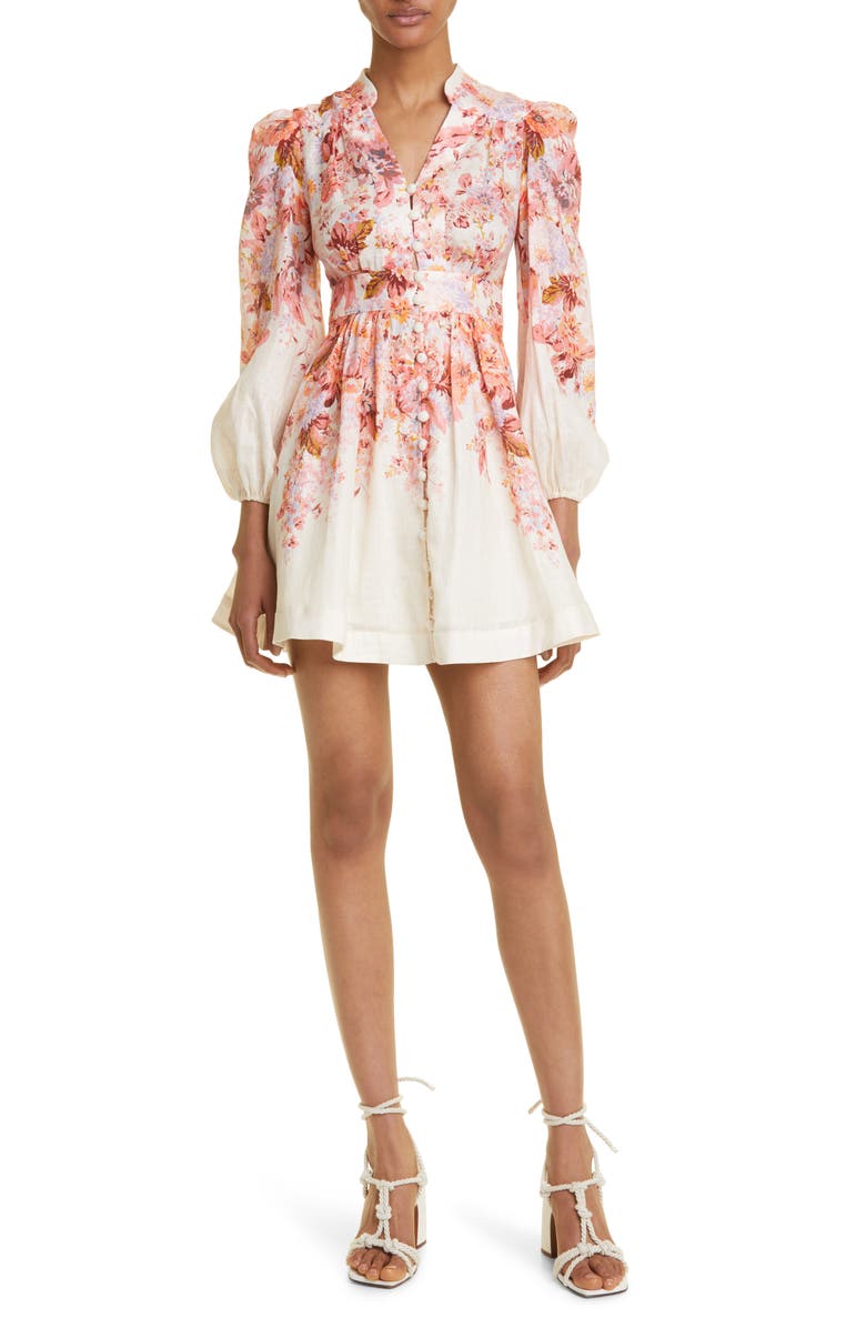 Zimmermann Devi Floral Print Long Sleeve Linen Minidress, Main, color,