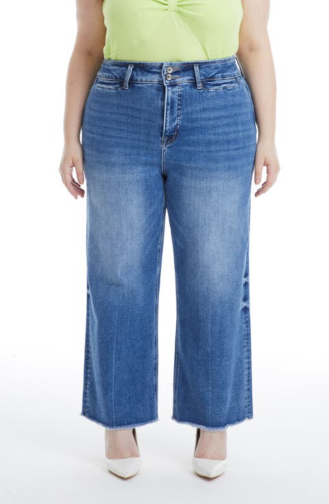 High Waist Raw Hem Wide Leg Jeans (Plus)