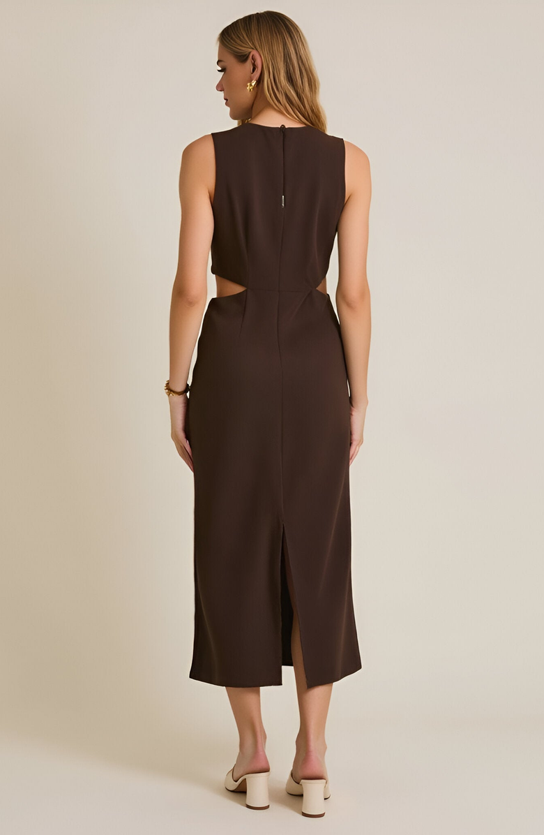 Modenaire Sleeveless Side Twist Front Slit Midi Dress, Alternate, color, Brown