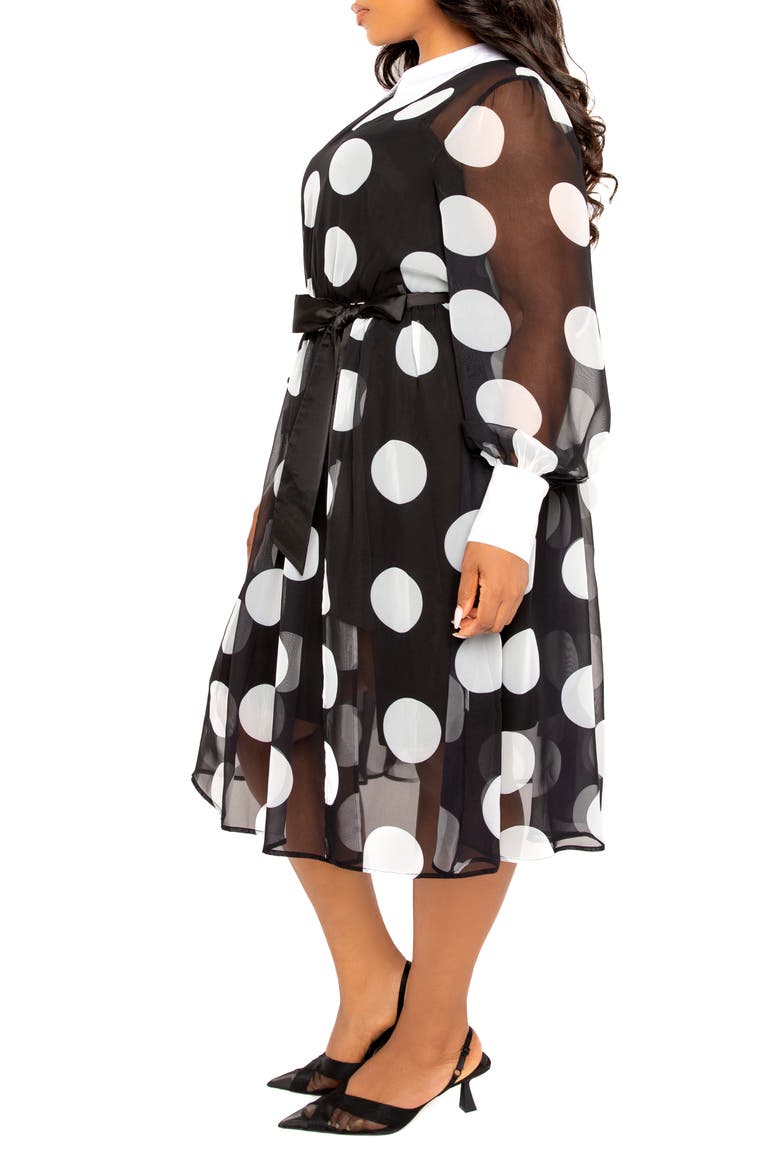 Polka Dot Long Sleeve Chiffon Shirtdress, Alternate, color, BLACK