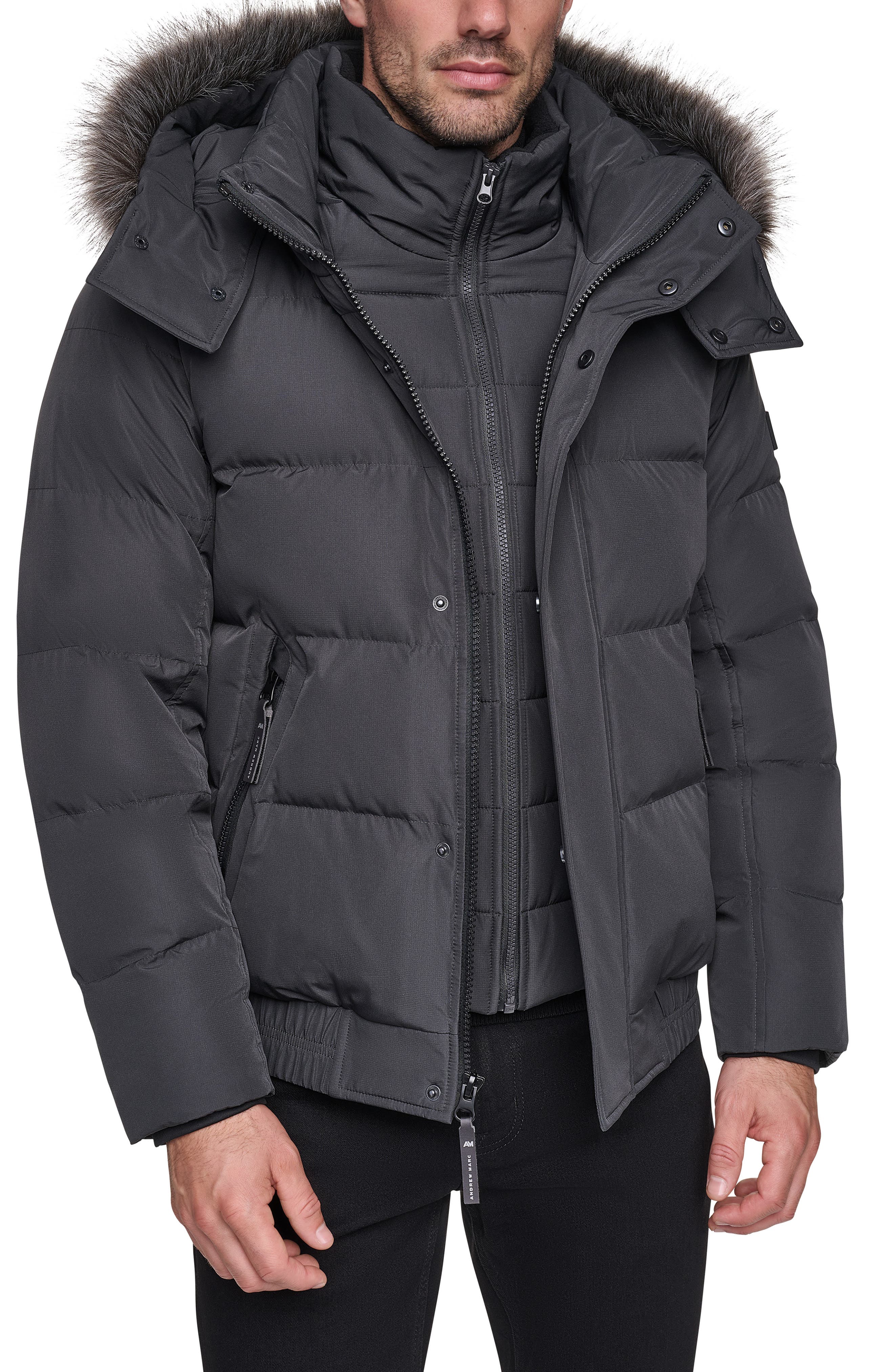 Hooded Down & Feather Fill Bomber Jacket with Faux Fur Trim