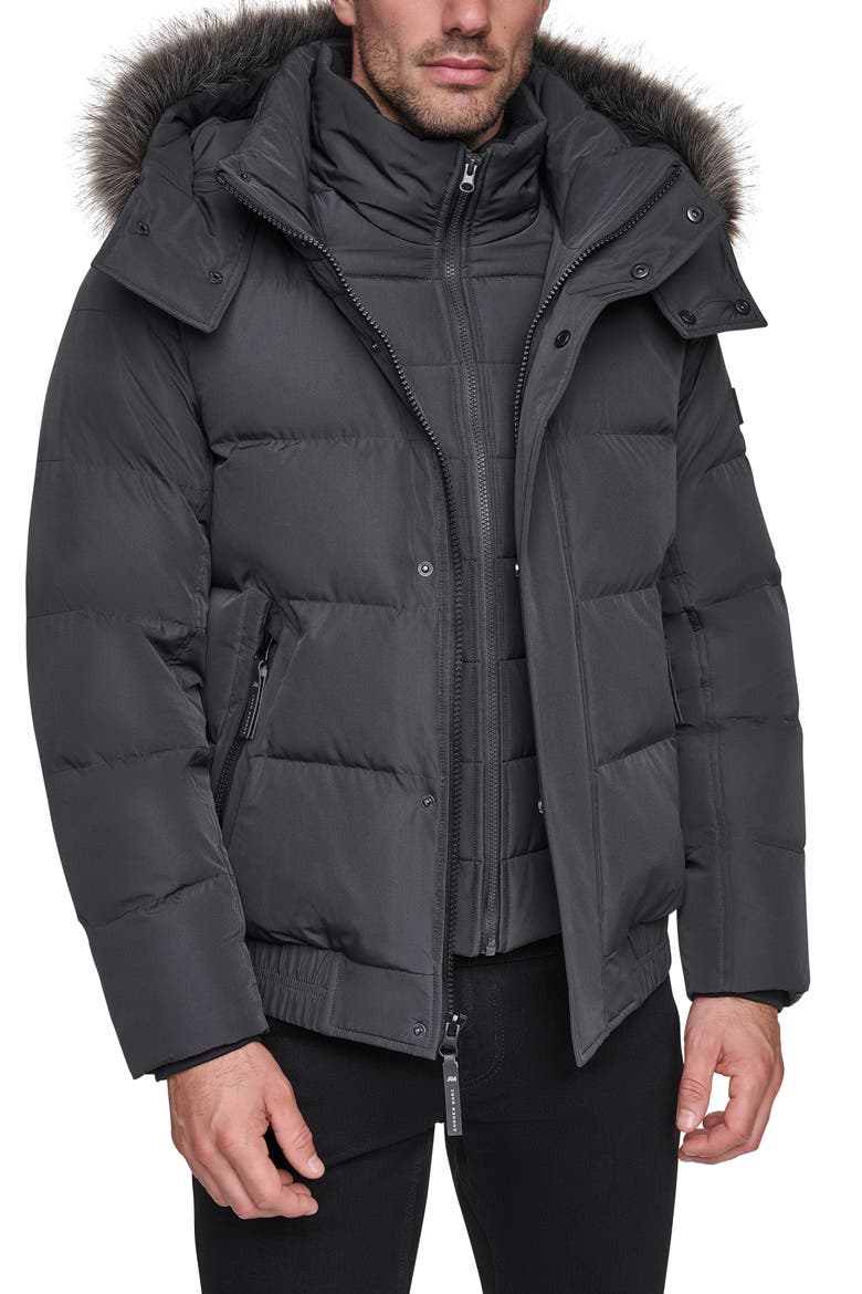 Hooded Down & Feather Fill Bomber Jacket with Faux Fur Trim, Main, color, CHARCOAL