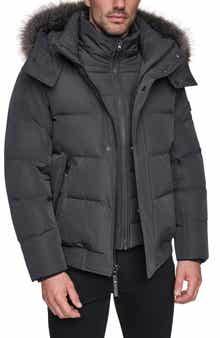 Hooded Down & Feather Fill Bomber Jacket with Faux Fur Trim