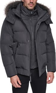 Andrew Marc Hooded Down & Feather Fill Bomber Jacket with Faux Fur Trim